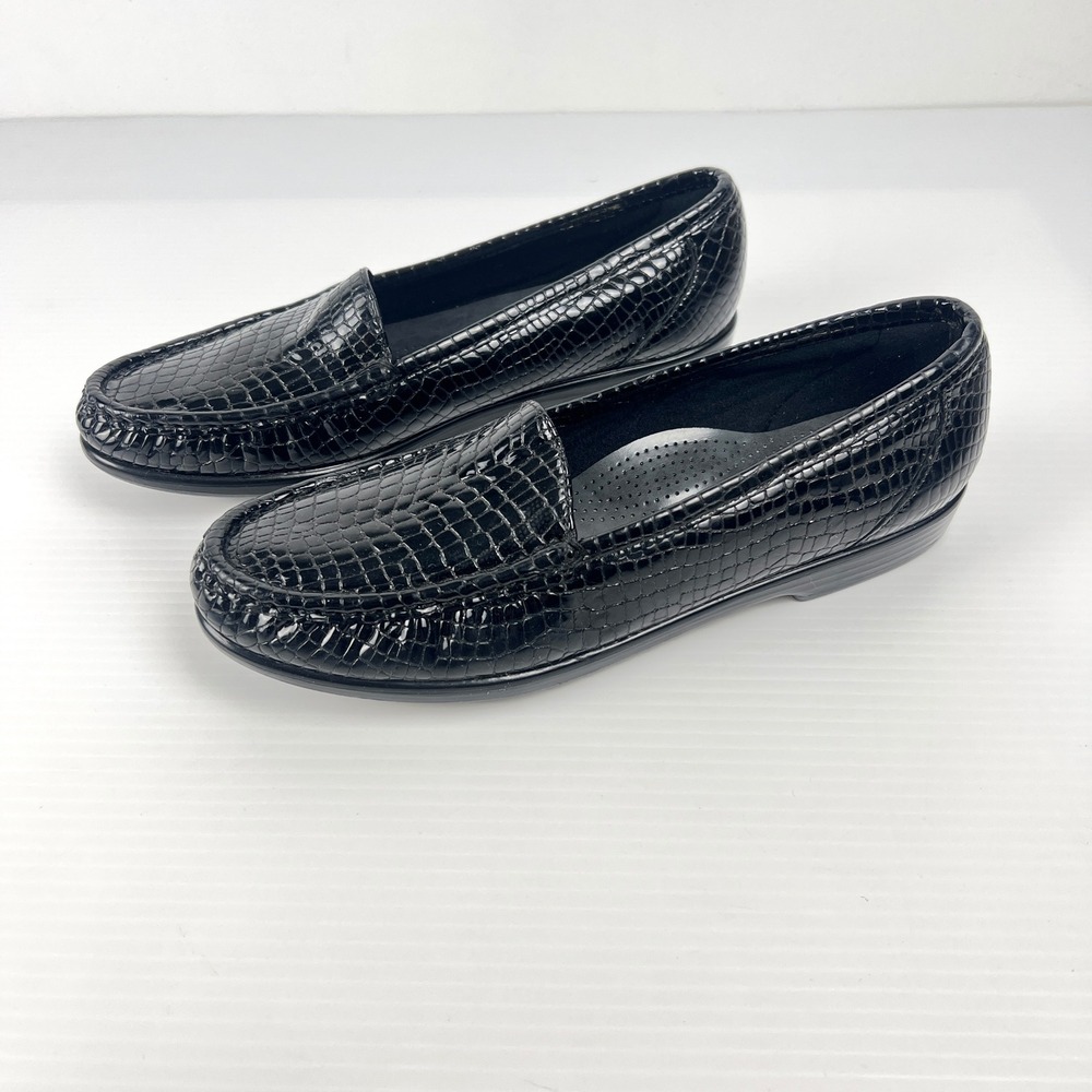 NWOT SAS Simplify Black Croc Leather Moccasin Loafers TRIPAD Comfort Shoes Sz 10